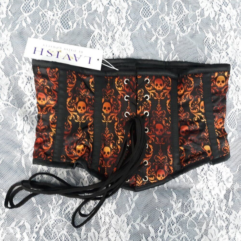 25"-28" Medium S Lavish Black Orange Ombre Skulls waist cincher corset Halloween - Picture 3 of 8